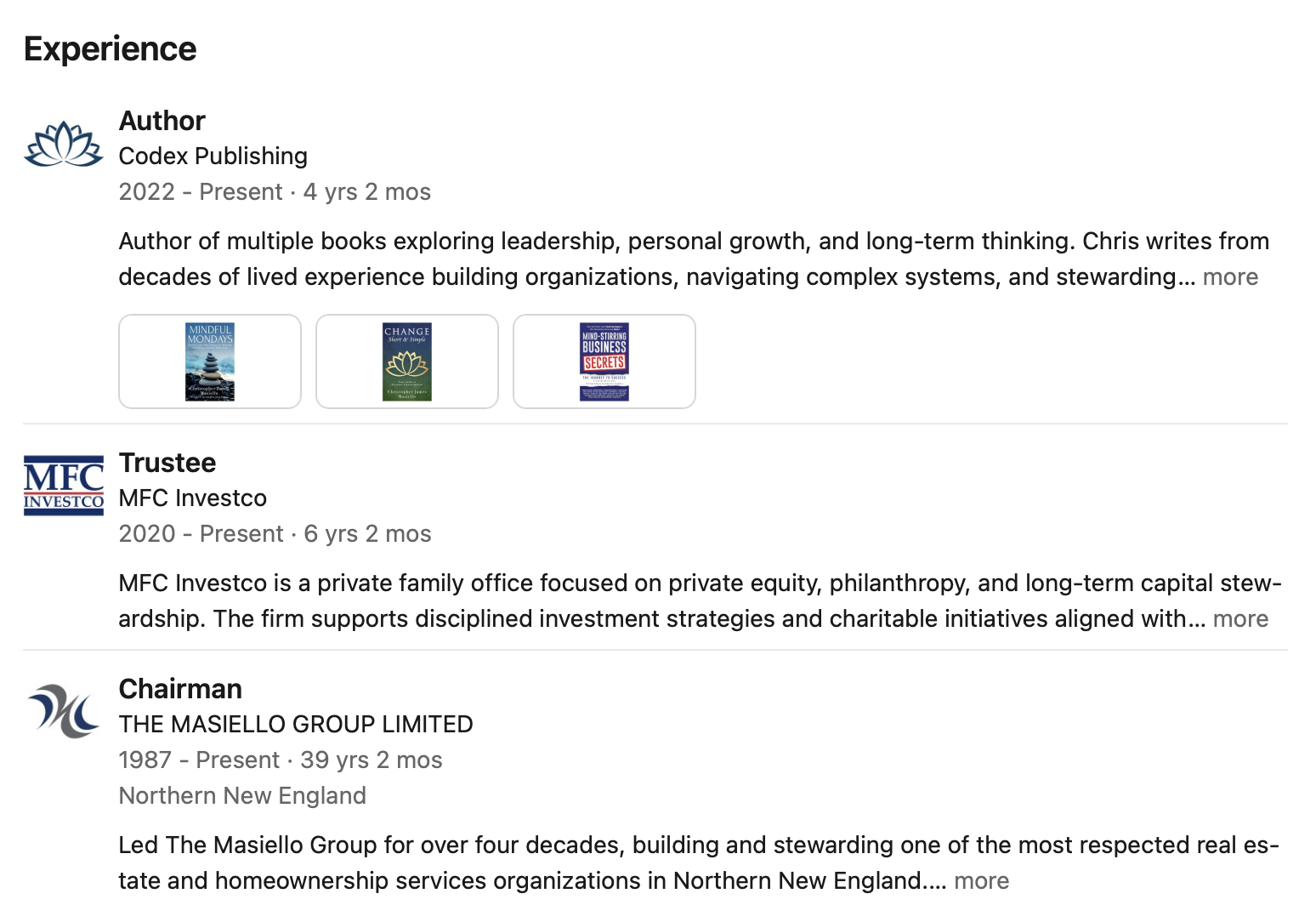 LinkedIn Experience — Codex Publishing, MFC Investco, The Masiello Group